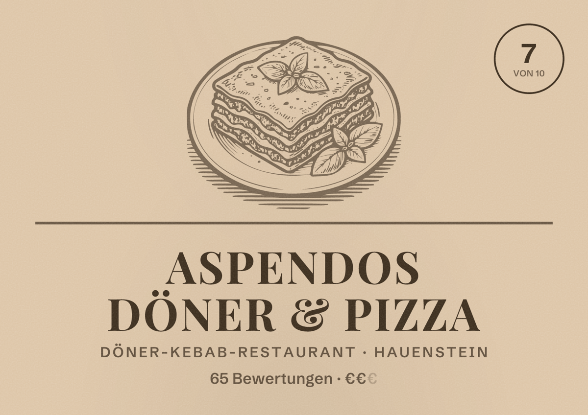 Illustriertes Poster von Aspendos Döner & Pizza, Döner-Kebab-Restaurant in Hauenstein: Bewertung 7 von 10 aus 65 Bewertungen, Preisniveau €€