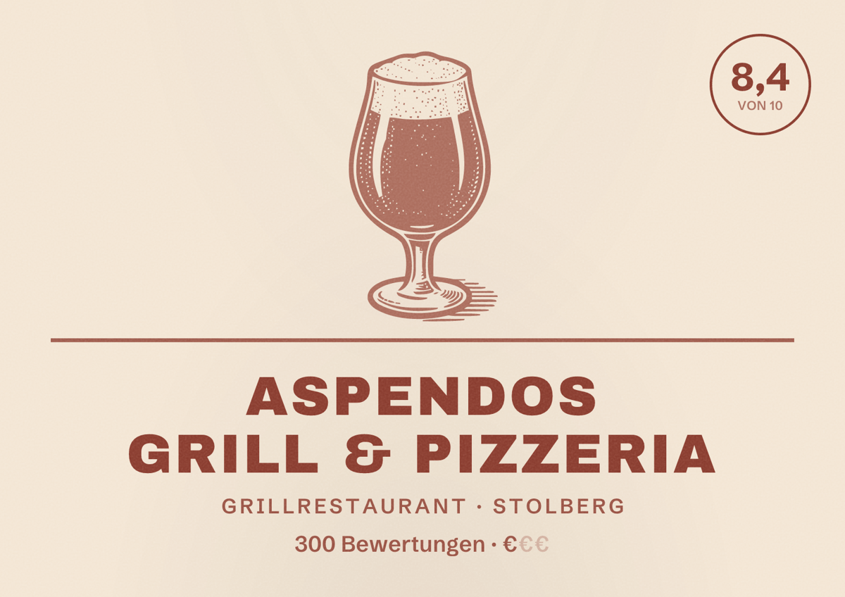 Illustriertes Poster von Aspendos Grill & Pizzeria, Grillrestaurant in Stolberg: Bewertung 8,4 von 10 aus 300 Bewertungen, Preisniveau €