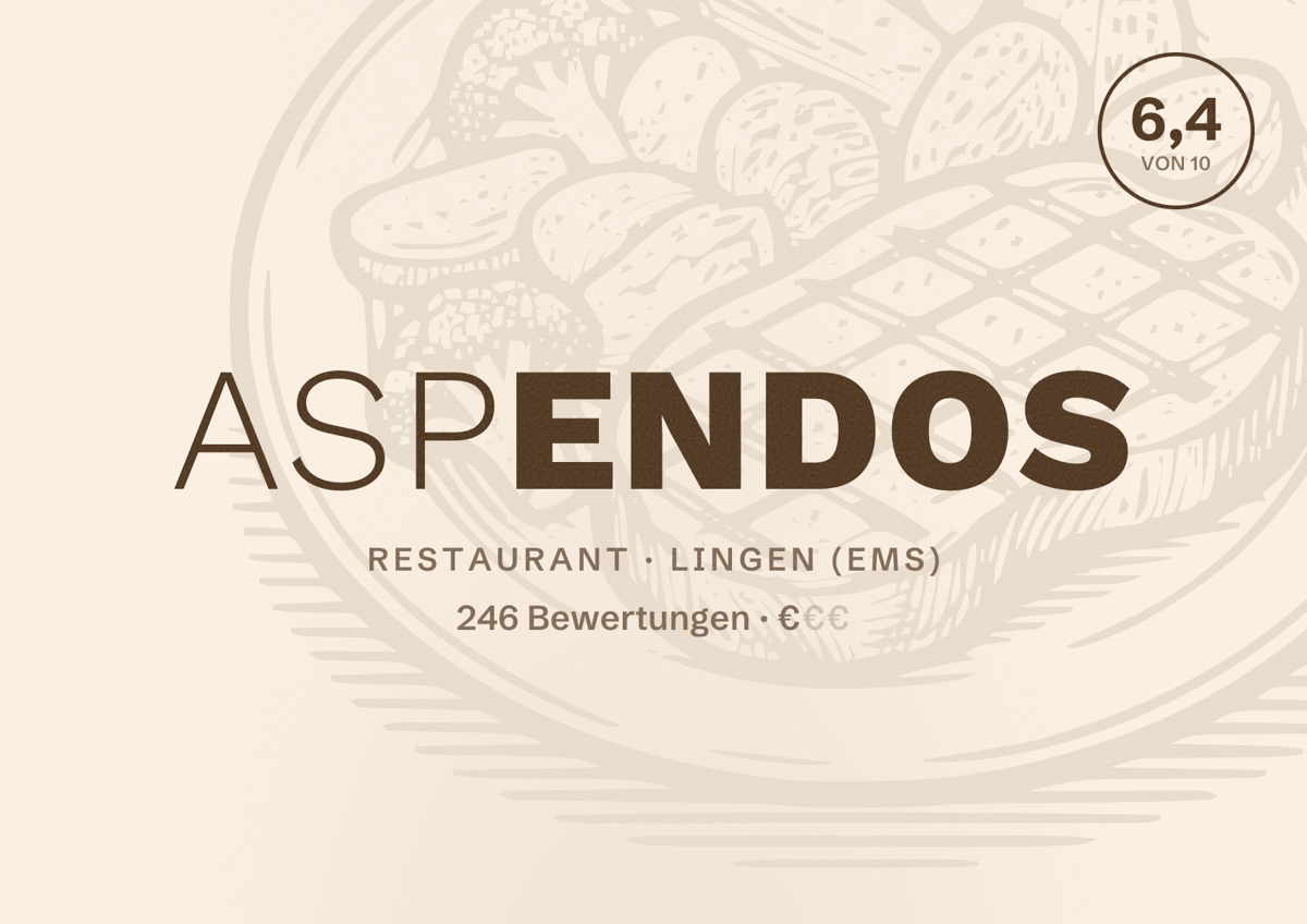 Illustriertes Poster von Aspendos, Restaurant in Lingen (Ems): Bewertung 6,4 von 10 aus 246 Bewertungen, Preisniveau €