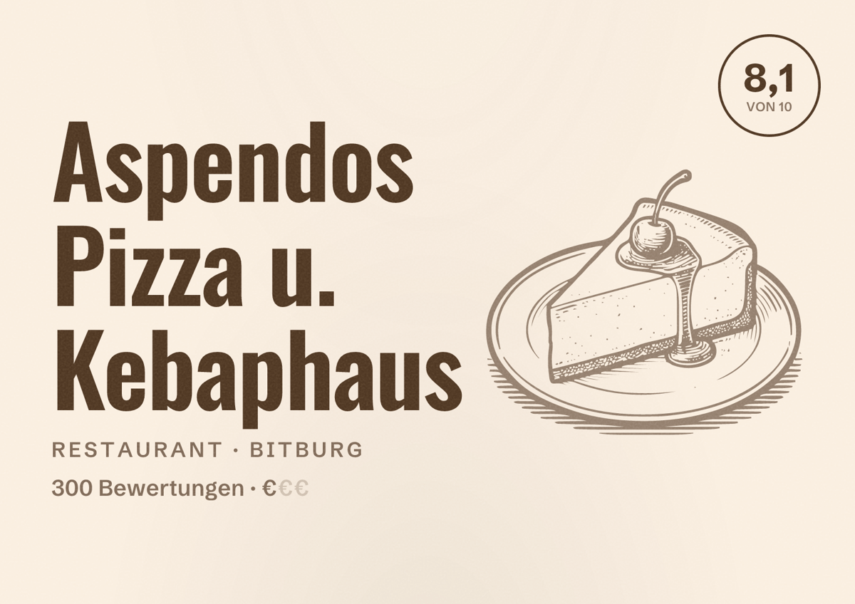 Illustriertes Poster von Aspendos Pizza u. Kebaphaus, Restaurant in Bitburg: Bewertung 8,1 von 10 aus 300 Bewertungen, Preisniveau €