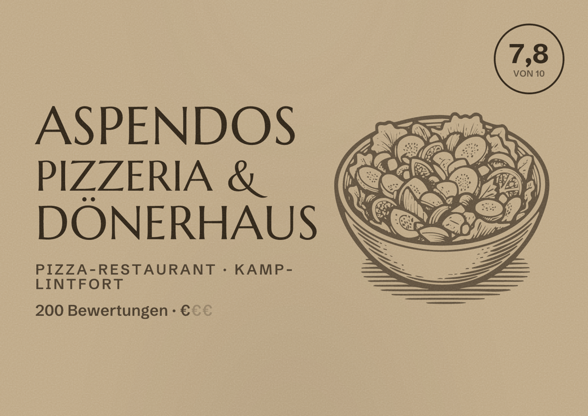 Illustriertes Poster von Aspendos Pizzeria & Dönerhaus, Pizza-Restaurant in Kamp-Lintfort: Bewertung 7,8 von 10 aus 200 Bewertungen, Preisniveau €