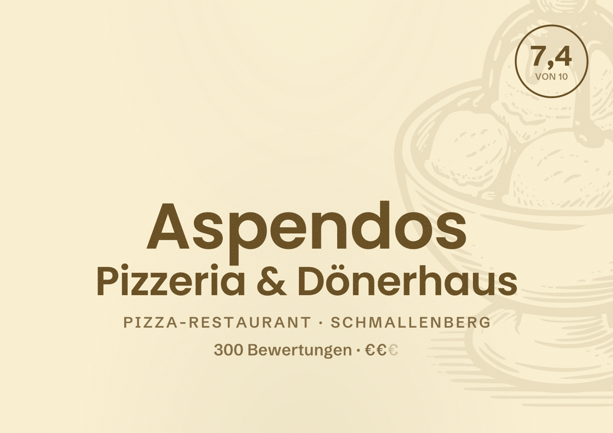 Illustriertes Poster von Aspendos Pizzeria & Dönerhaus, Pizza-Restaurant in Schmallenberg: Bewertung 7,4 von 10 aus 300 Bewertungen, Preisniveau €€