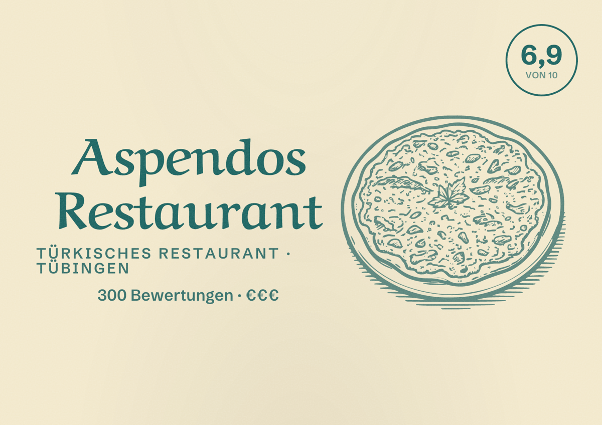 Illustriertes Poster von Aspendos Restaurant, Türkisches Restaurant in Tübingen: Bewertung 6,9 von 10 aus 300 Bewertungen, Preisniveau €€€