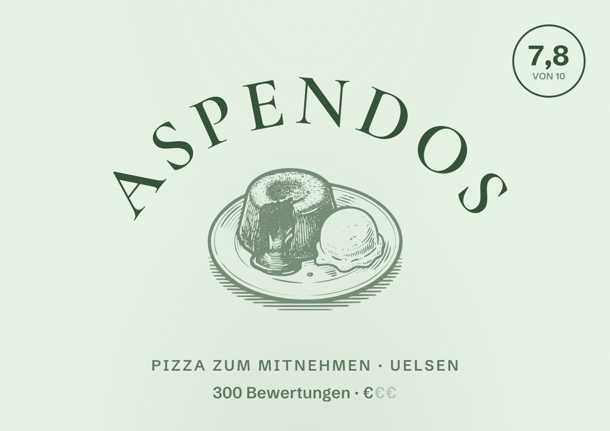 Illustriertes Poster von Aspendos, Pizza zum Mitnehmen in Uelsen: Bewertung 7,8 von 10 aus 300 Bewertungen, Preisniveau €