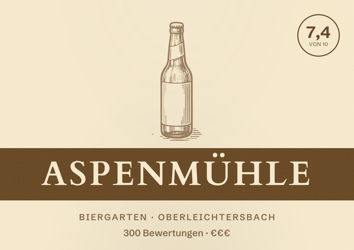 Illustriertes Poster von Aspenmühle, Biergarten in Oberleichtersbach: Bewertung 7,4 von 10 aus 300 Bewertungen, Preisniveau €€€