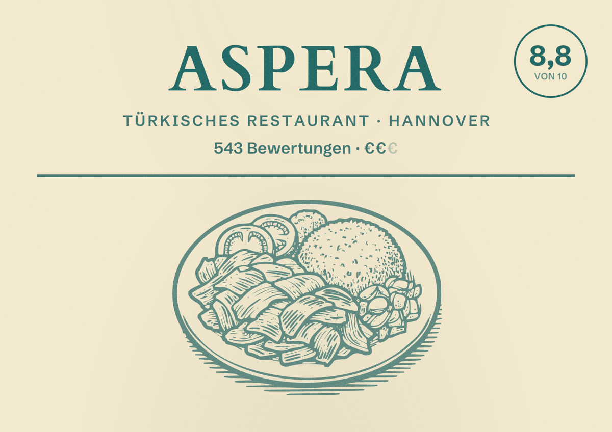 Illustriertes Poster von Aspera, Türkisches Restaurant in Hannover: Bewertung 8,8 von 10 aus 543 Bewertungen, Preisniveau €€