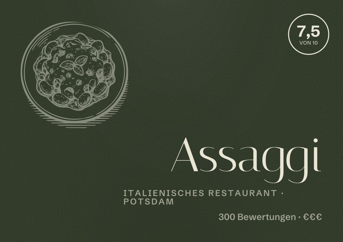 Illustriertes Poster von Assaggi, Italienisches Restaurant in Potsdam: Bewertung 7,5 von 10 aus 300 Bewertungen, Preisniveau €€€