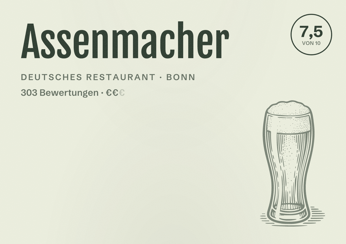 Illustriertes Poster von Assenmacher, Deutsches Restaurant in Bonn: Bewertung 7,5 von 10 aus 303 Bewertungen, Preisniveau €€
