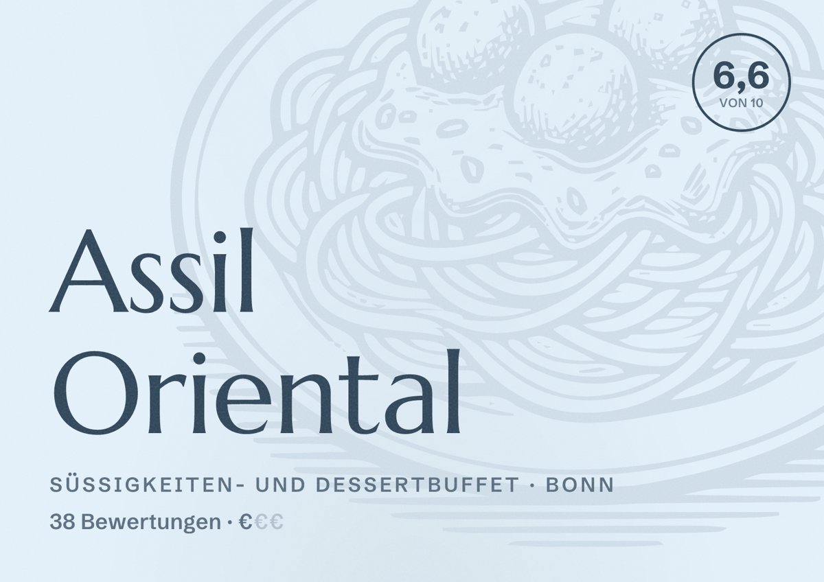 Illustriertes Poster von Assil Oriental, Süßigkeiten- und Dessertbuffet in Bonn: Bewertung 6,6 von 10 aus 38 Bewertungen, Preisniveau €