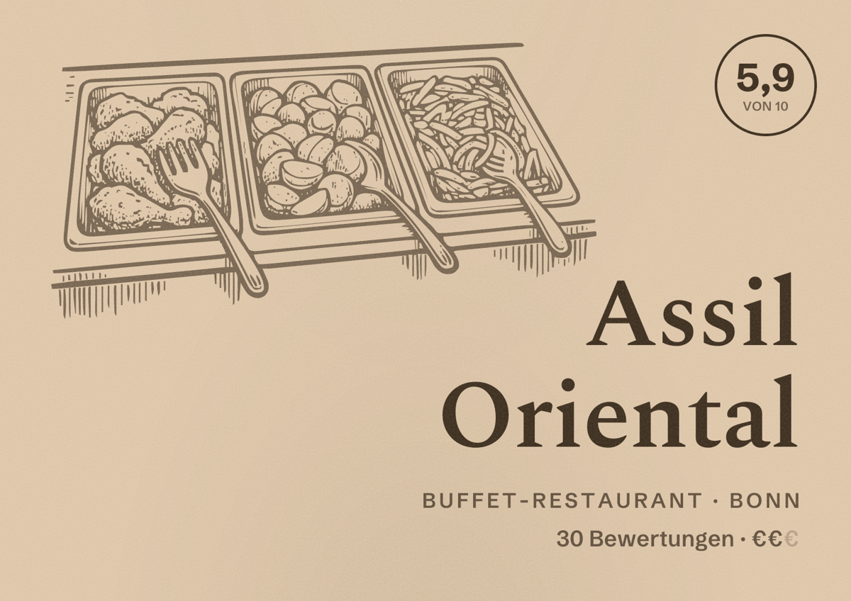 Illustriertes Poster von Assil Oriental, Buffet-Restaurant in Bonn: Bewertung 5,9 von 10 aus 30 Bewertungen, Preisniveau €€