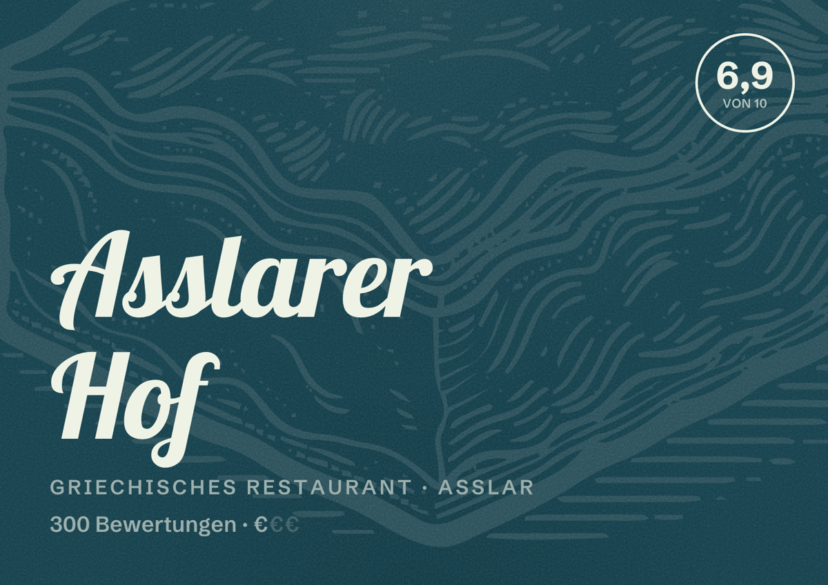 Illustriertes Poster von Asslarer Hof, Griechisches Restaurant in Aßlar: Bewertung 6,9 von 10 aus 300 Bewertungen, Preisniveau €