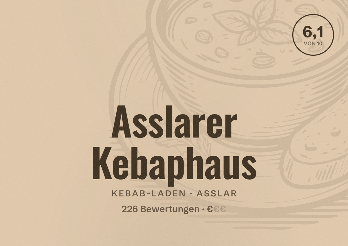 Illustriertes Poster von Asslarer Kebaphaus, Kebab-Laden in Aßlar: Bewertung 6,1 von 10 aus 226 Bewertungen, Preisniveau €