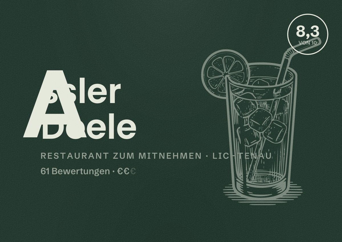 Illustriertes Poster von Assler Deele, Restaurant zum Mitnehmen in Lichtenau: Bewertung 8,3 von 10 aus 61 Bewertungen, Preisniveau €€