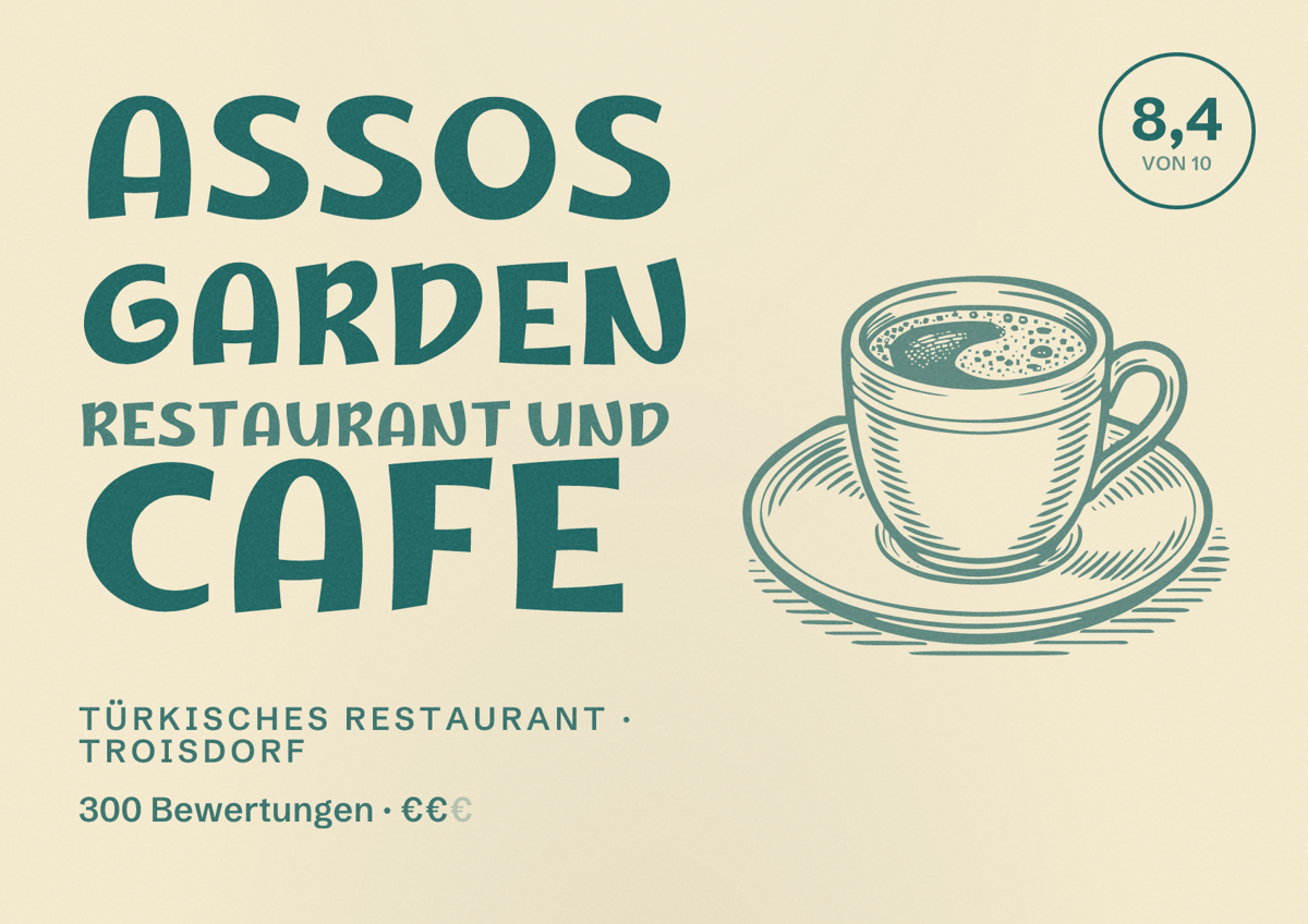 Illustriertes Poster von Assos Garden Restaurant und Cafe, Türkisches Restaurant in Troisdorf: Bewertung 8,4 von 10 aus 300 Bewertungen, Preisniveau €€