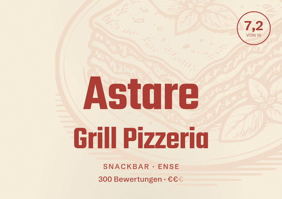 Illustriertes Poster von Astare Grill Pizzeria, Snackbar in Ense: Bewertung 7,2 von 10 aus 300 Bewertungen, Preisniveau €€