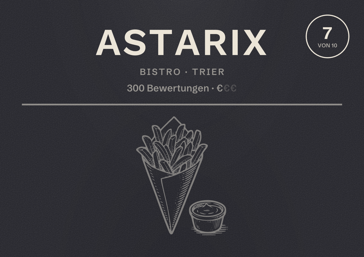 Illustriertes Poster von Astarix, Bistro in Trier: Bewertung 7 von 10 aus 300 Bewertungen, Preisniveau €