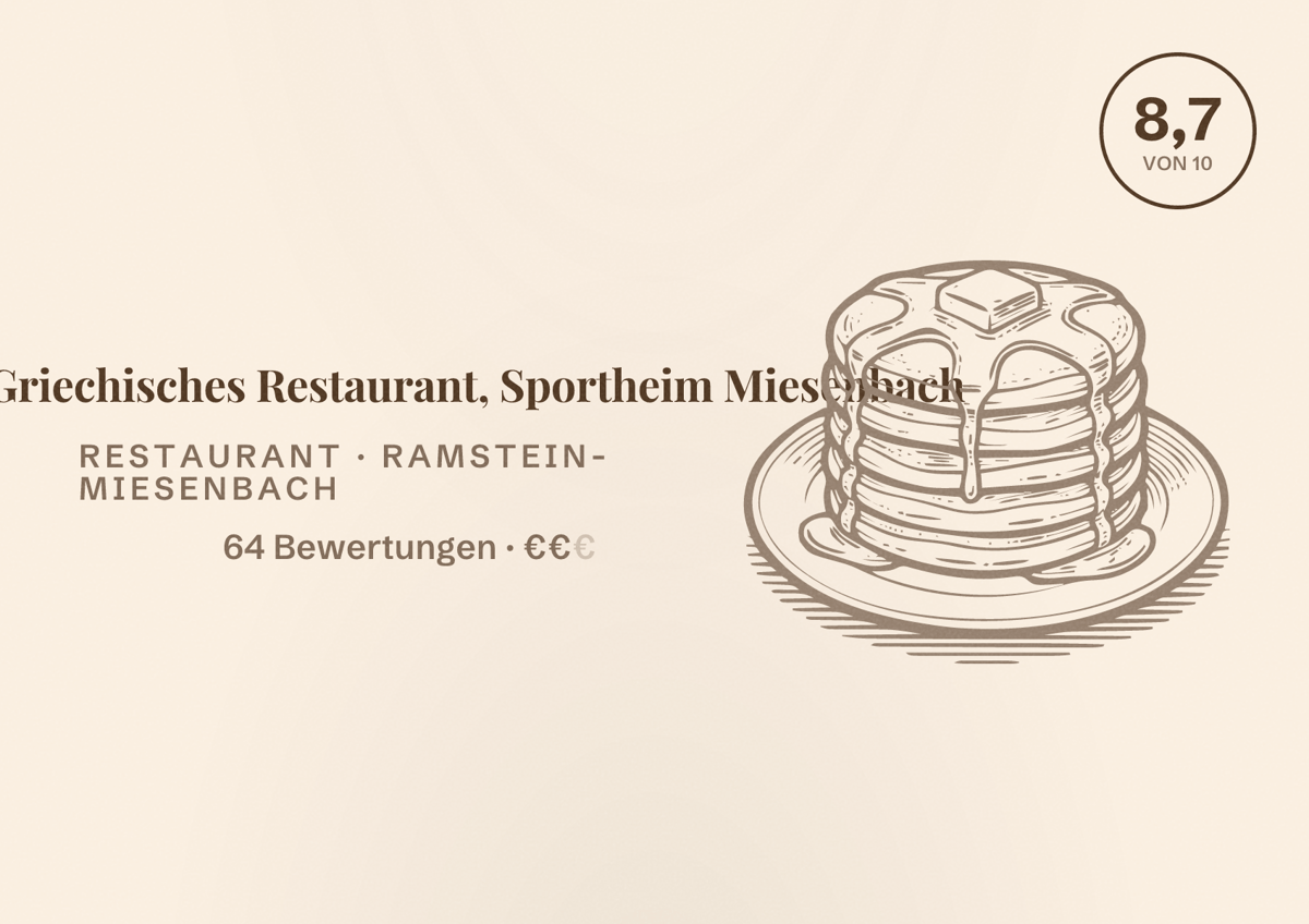Illustriertes Poster von Asteri Griechisches Restaurant, Sportheim Miesenbach, Restaurant in Ramstein-Miesenbach: Bewertung 8,7 von 10 aus 64 Bewertungen, Preisniveau €€