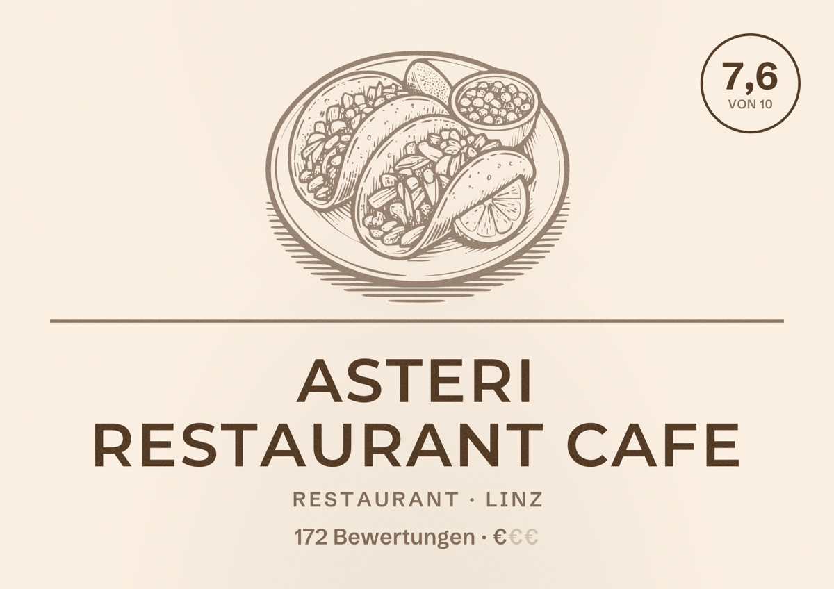 Illustriertes Poster von ASTERI Restaurant Cafe, Restaurant in Linz: Bewertung 7,6 von 10 aus 172 Bewertungen, Preisniveau €