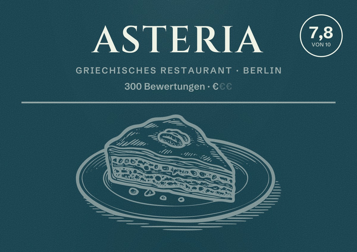 Illustriertes Poster von Asteria, Griechisches Restaurant in Berlin: Bewertung 7,8 von 10 aus 300 Bewertungen, Preisniveau €