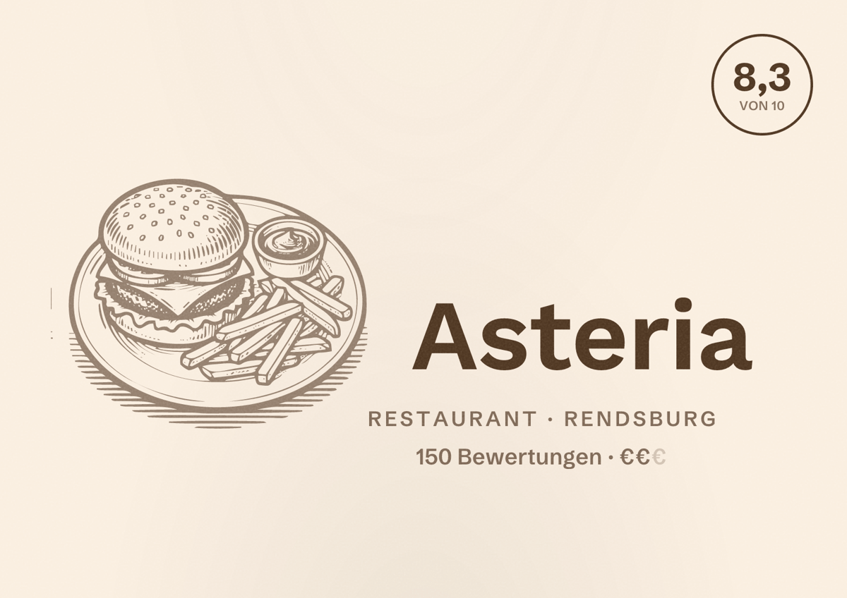 Illustriertes Poster von Asteria, Restaurant in Rendsburg: Bewertung 8,3 von 10 aus 150 Bewertungen, Preisniveau €€