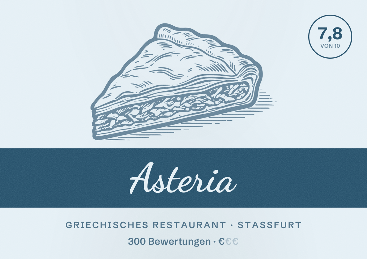 Illustriertes Poster von Asteria, Griechisches Restaurant in Staßfurt: Bewertung 7,8 von 10 aus 300 Bewertungen, Preisniveau €
