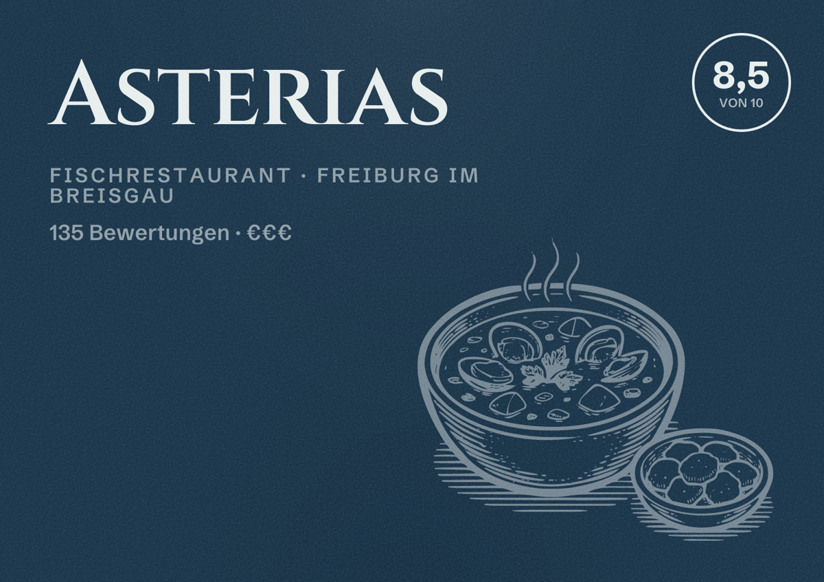 Illustriertes Poster von Asterias, Fischrestaurant in Freiburg im Breisgau: Bewertung 8,5 von 10 aus 135 Bewertungen, Preisniveau €€€