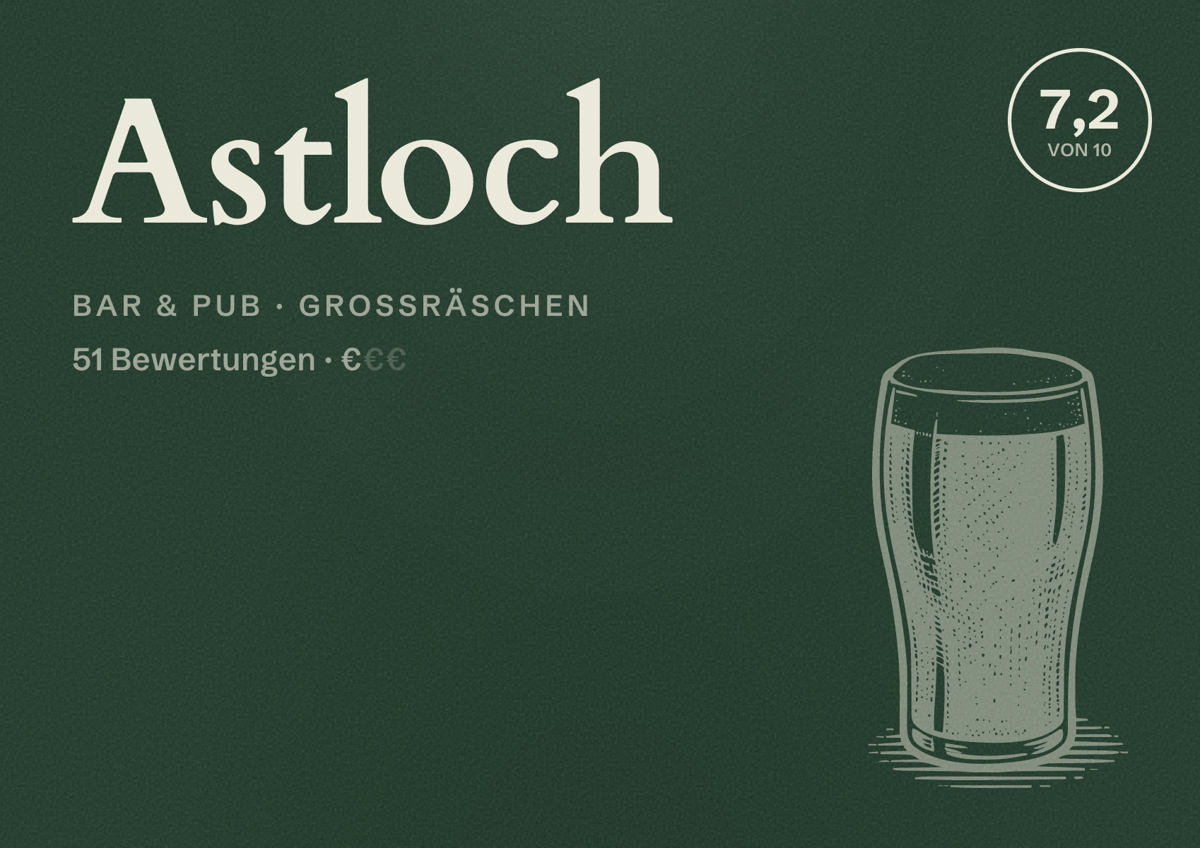 Illustriertes Poster von Astloch, Bar & Pub in Großräschen: Bewertung 7,2 von 10 aus 51 Bewertungen, Preisniveau €
