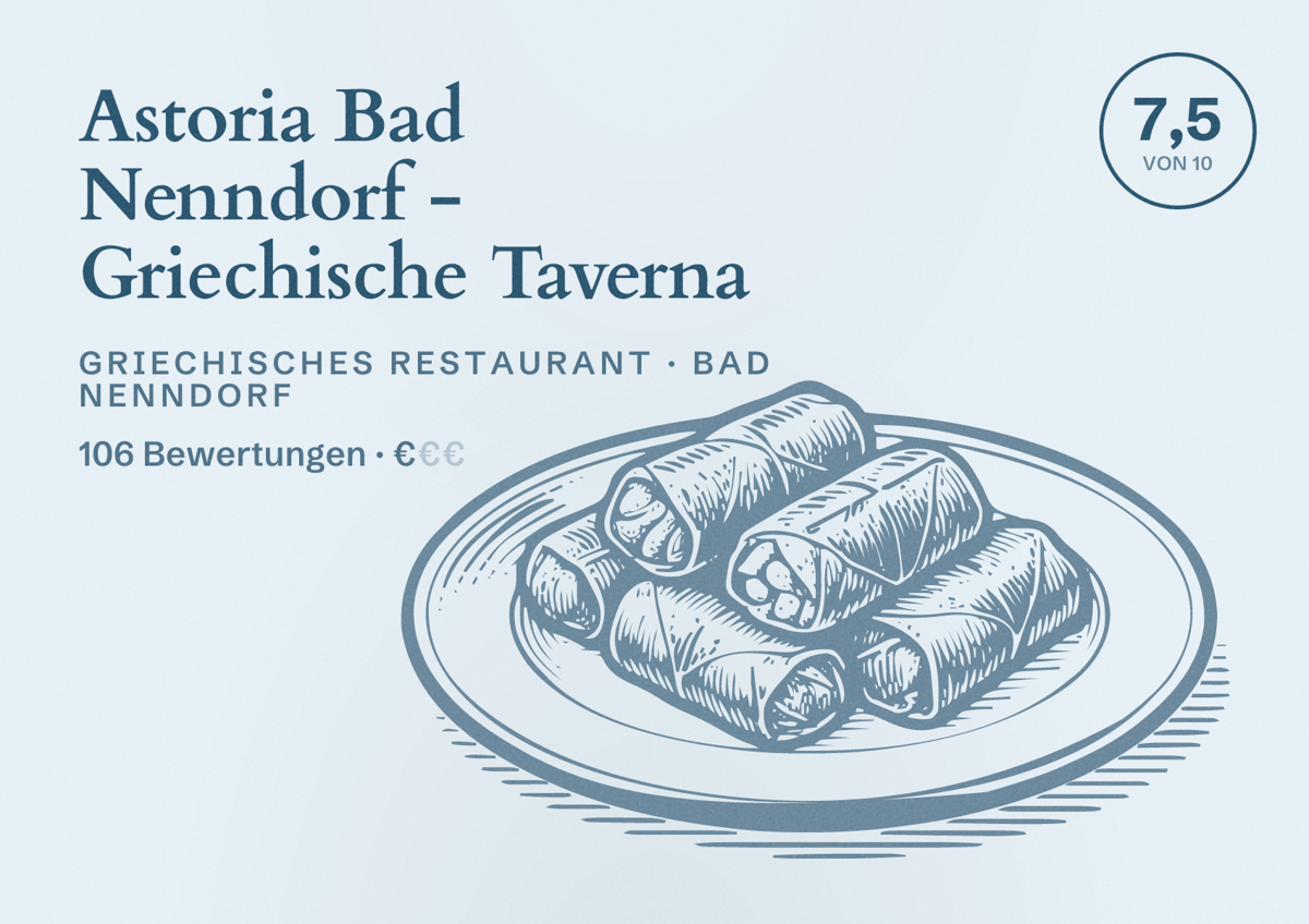 Illustriertes Poster von Astoria Bad Nenndorf - Griechische Taverna, Griechisches Restaurant in Bad Nenndorf: Bewertung 7,5 von 10 aus 106 Bewertungen, Preisniveau €