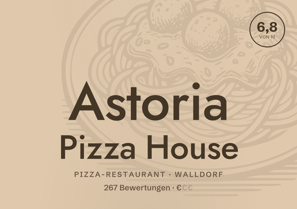 Illustriertes Poster von Astoria Pizza House, Pizza-Restaurant in Walldorf: Bewertung 6,8 von 10 aus 267 Bewertungen, Preisniveau €
