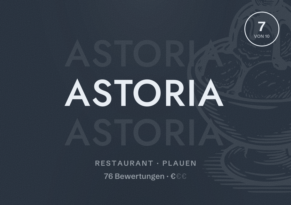 Illustriertes Poster von Astoria, Restaurant in Plauen: Bewertung 7 von 10 aus 76 Bewertungen, Preisniveau €