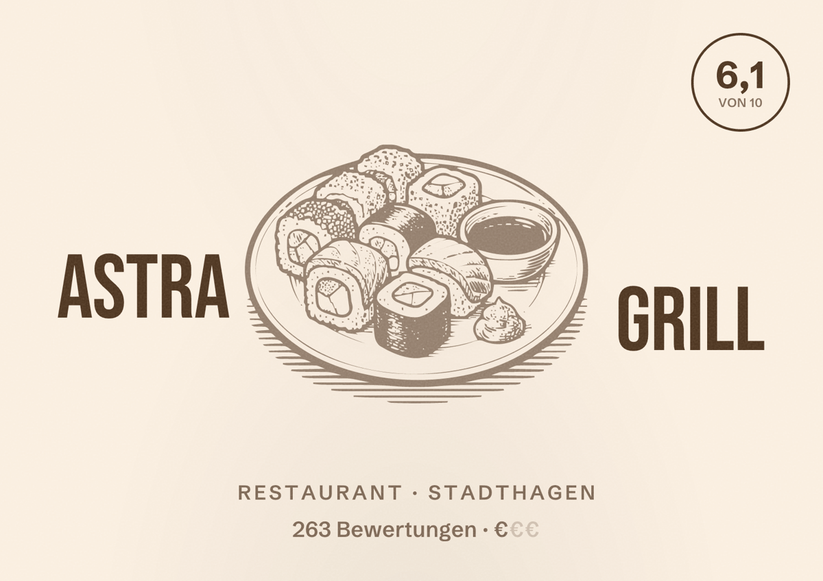 Illustriertes Poster von Astra Grill, Restaurant in Stadthagen: Bewertung 6,1 von 10 aus 263 Bewertungen, Preisniveau €