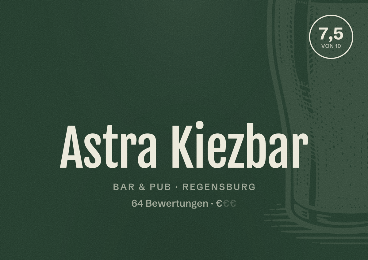 Illustriertes Poster von Astra Kiezbar, Bar & Pub in Regensburg: Bewertung 7,5 von 10 aus 64 Bewertungen, Preisniveau €