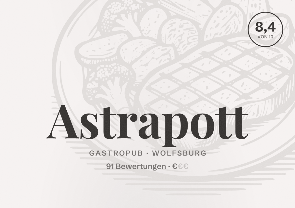 Illustriertes Poster von Astrapott, Gastropub in Wolfsburg: Bewertung 8,4 von 10 aus 91 Bewertungen, Preisniveau €