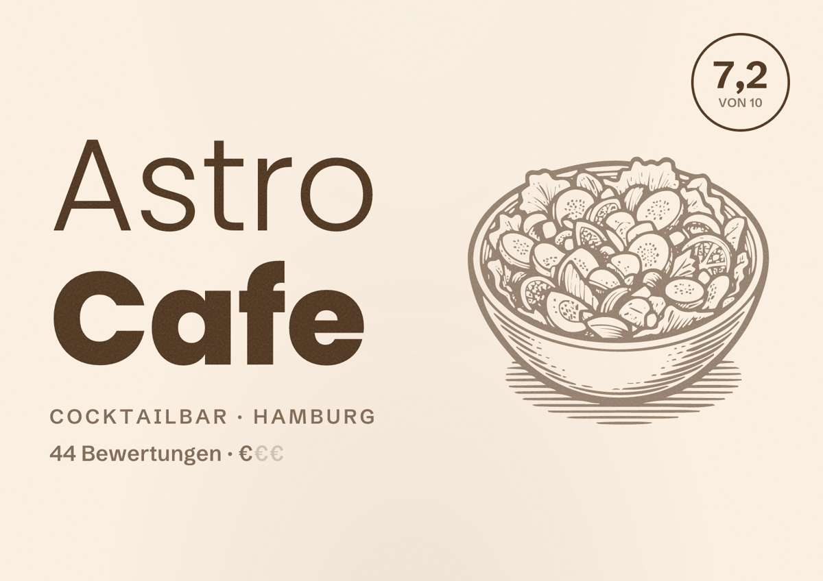 Illustriertes Poster von Astro Cafe, Cocktailbar in Hamburg: Bewertung 7,2 von 10 aus 44 Bewertungen, Preisniveau €