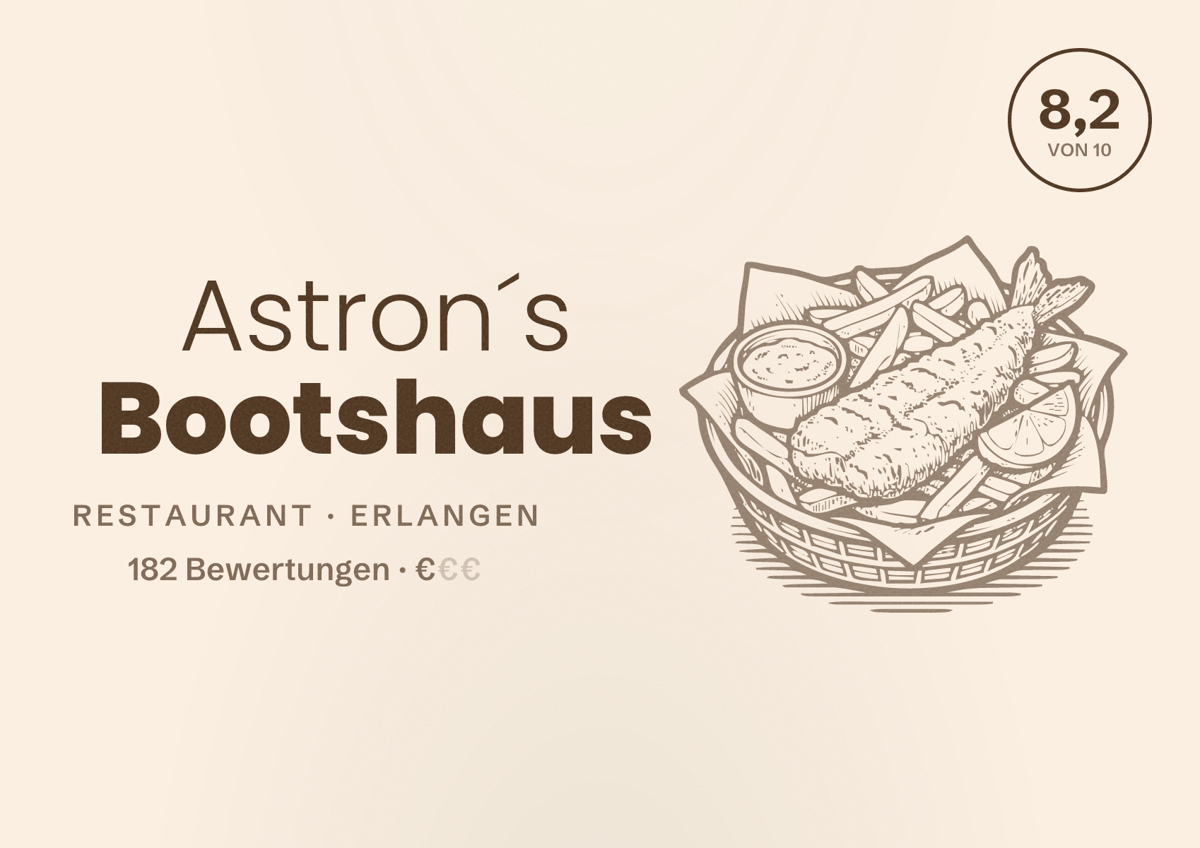 Illustriertes Poster von Astron´s Bootshaus, Restaurant in Erlangen: Bewertung 8,2 von 10 aus 182 Bewertungen, Preisniveau €