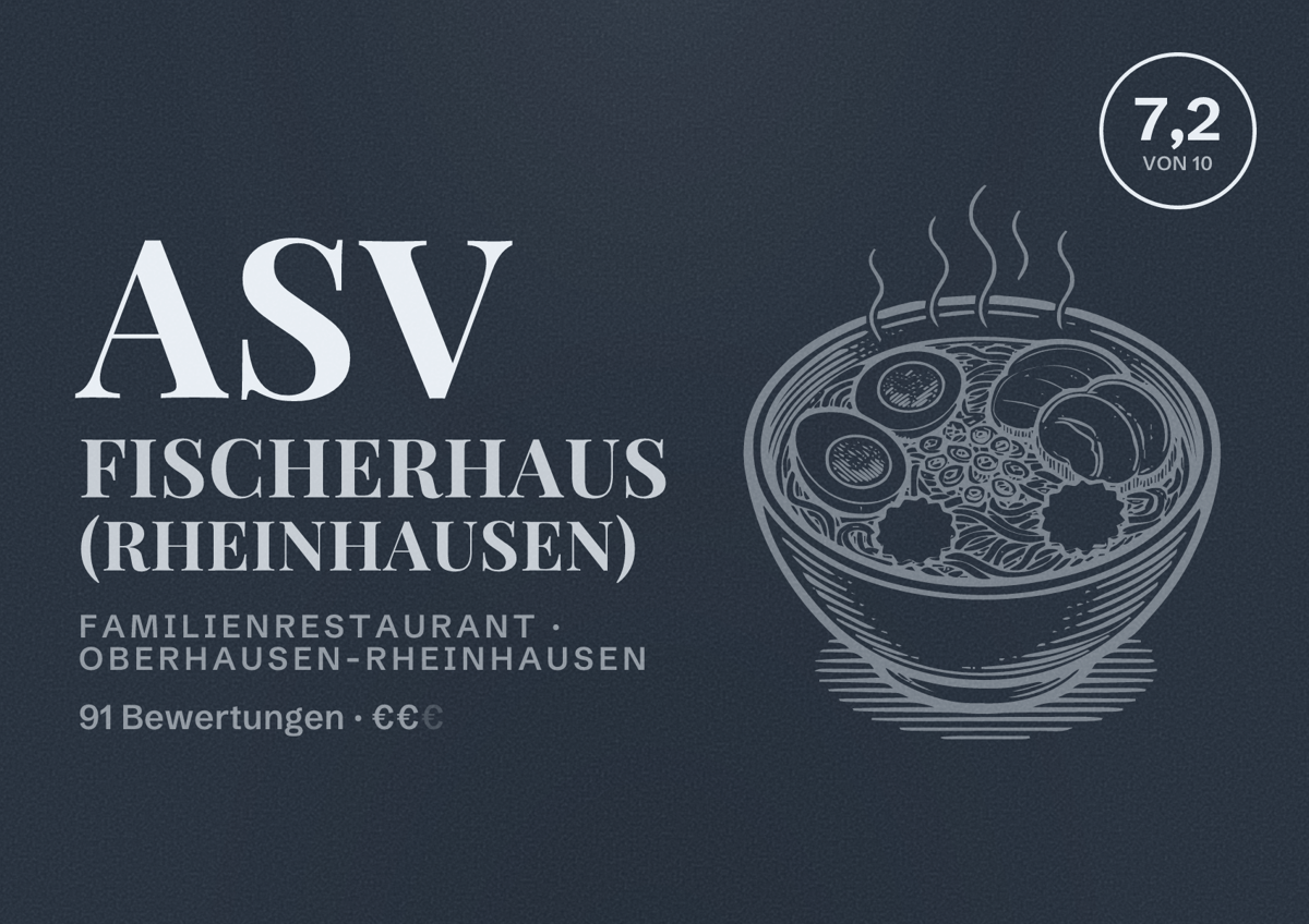 Illustriertes Poster von ASV Fischerhaus (Rheinhausen), Familienrestaurant in Oberhausen-Rheinhausen: Bewertung 7,2 von 10 aus 91 Bewertungen, Preisniveau €€