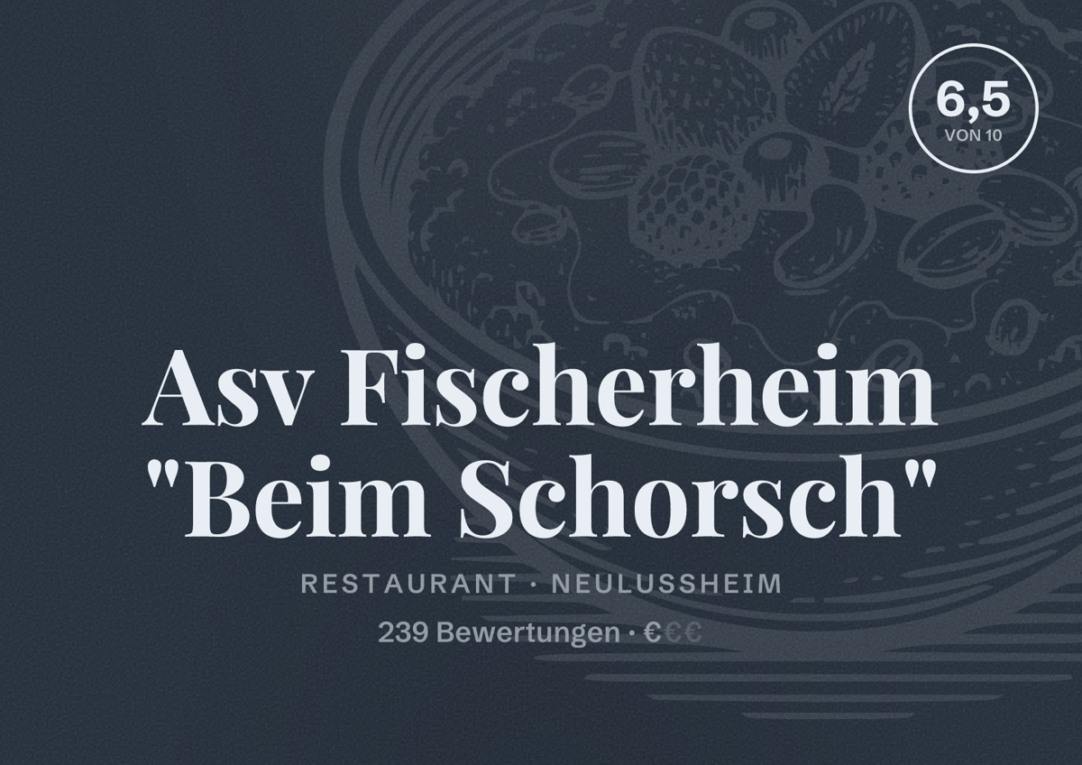 Illustriertes Poster von Asv Fischerheim "Beim Schorsch", Restaurant in Neulußheim: Bewertung 6,5 von 10 aus 239 Bewertungen, Preisniveau €