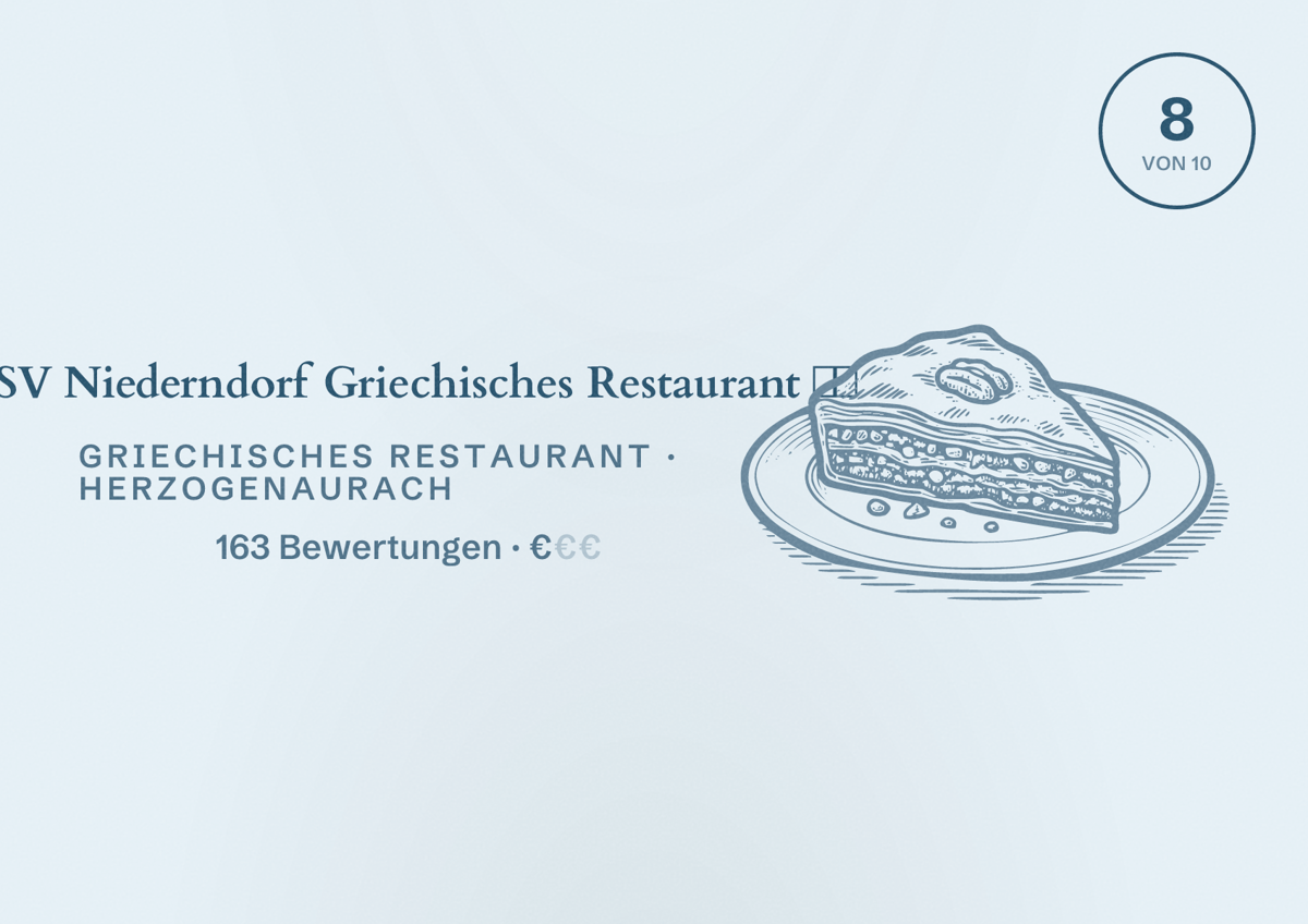 Illustriertes Poster von ASV Niederndorf Griechisches Restaurant 🇬🇷, Griechisches Restaurant in Herzogenaurach: Bewertung 8 von 10 aus 163 Bewertungen, Preisniveau €