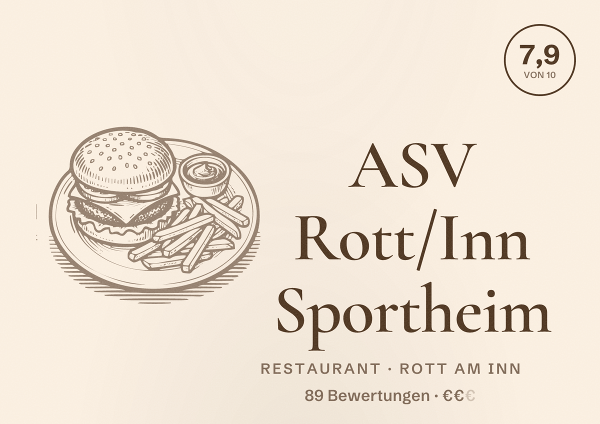 Illustriertes Poster von ASV Rott/Inn Sportheim, Restaurant in Rott am Inn: Bewertung 7,9 von 10 aus 89 Bewertungen, Preisniveau €€