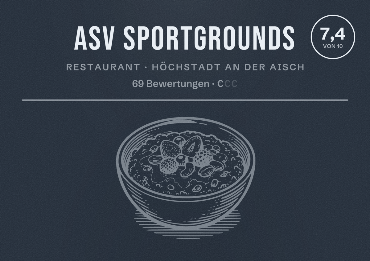 Illustriertes Poster von ASV Sportgrounds, Restaurant in Höchstadt an der Aisch: Bewertung 7,4 von 10 aus 69 Bewertungen, Preisniveau €
