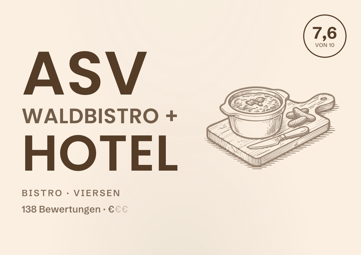 Illustriertes Poster von ASV Waldbistro + Hotel, Bistro in Viersen: Bewertung 7,6 von 10 aus 138 Bewertungen, Preisniveau €