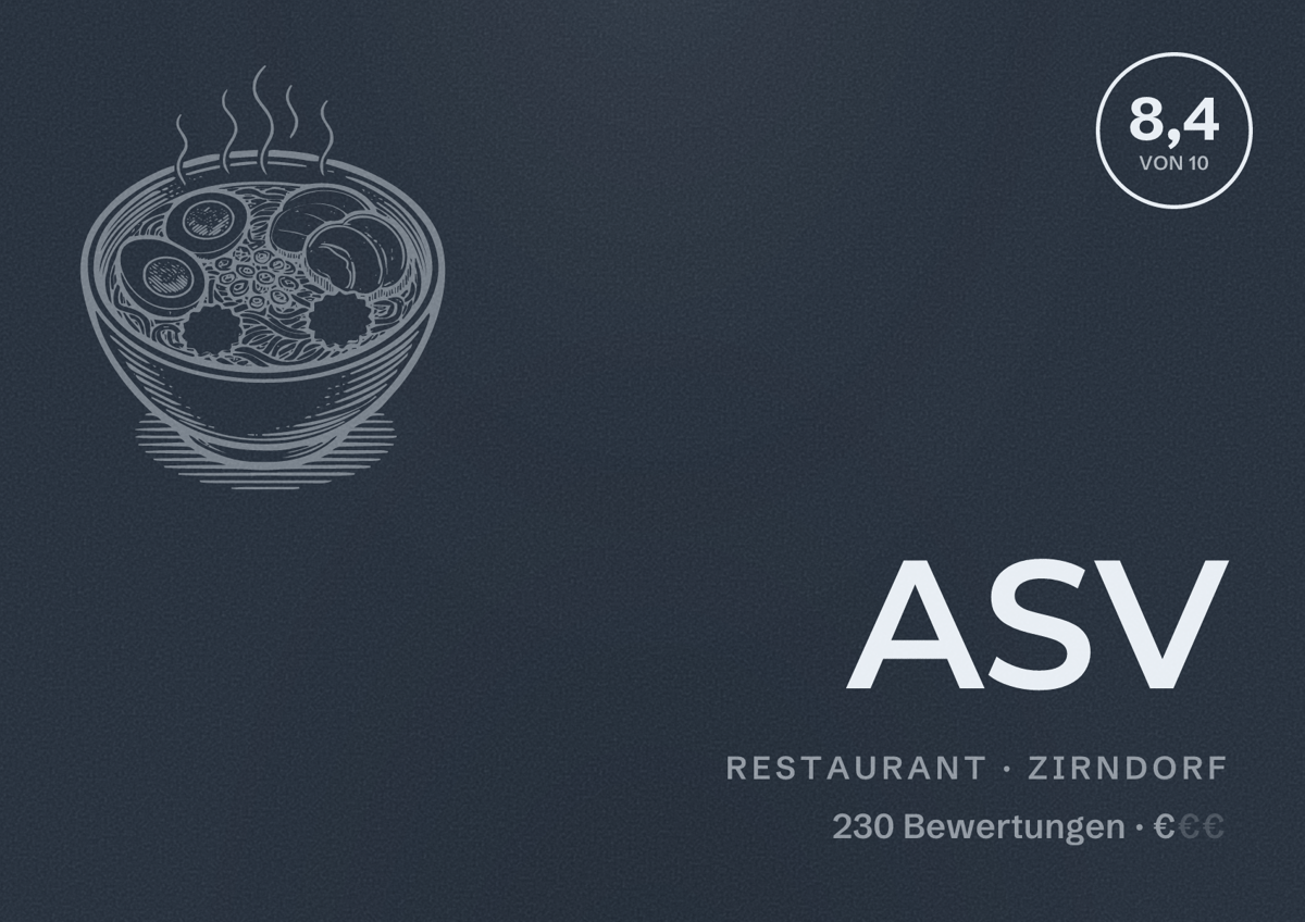 Illustriertes Poster von ASV, Restaurant in Zirndorf: Bewertung 8,4 von 10 aus 230 Bewertungen, Preisniveau €