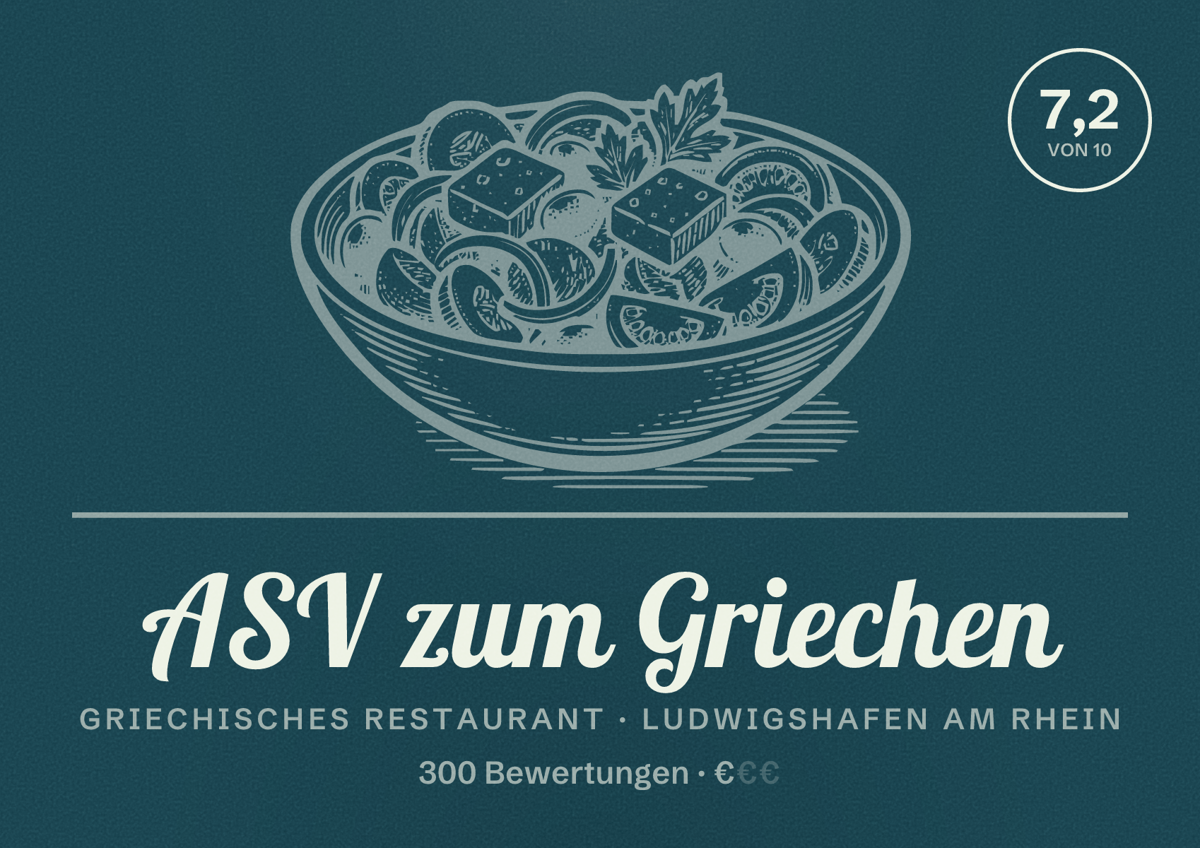 Illustriertes Poster von ASV zum Griechen, Griechisches Restaurant in Ludwigshafen am Rhein: Bewertung 7,2 von 10 aus 300 Bewertungen, Preisniveau €