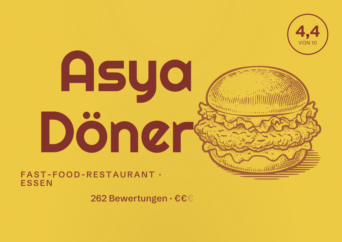 Illustriertes Poster von Asya Döner, Fast-Food-Restaurant in Essen: Bewertung 4,4 von 10 aus 262 Bewertungen, Preisniveau €€