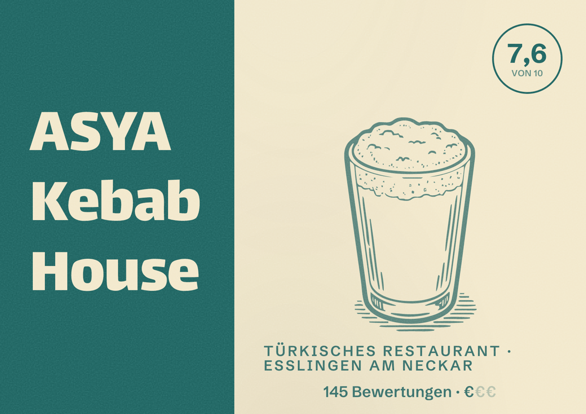 Illustriertes Poster von ASYA Kebab House, Türkisches Restaurant in Esslingen am Neckar: Bewertung 7,6 von 10 aus 145 Bewertungen, Preisniveau €