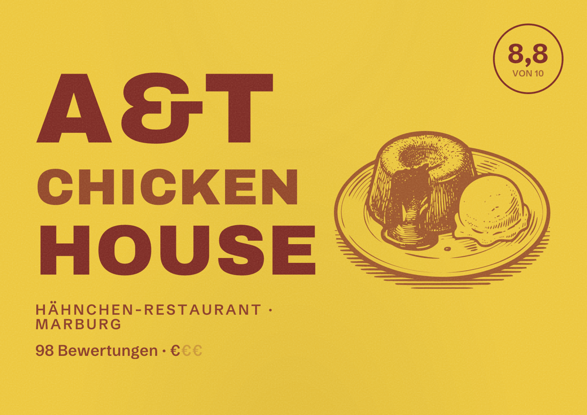 Illustriertes Poster von A&T Chicken House, Hähnchen-Restaurant in Marburg: Bewertung 8,8 von 10 aus 98 Bewertungen, Preisniveau €