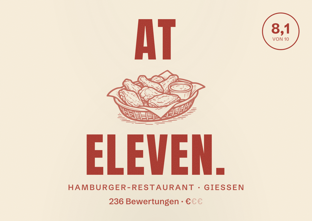 Illustriertes Poster von at Eleven., Hamburger-Restaurant in Gießen: Bewertung 8,1 von 10 aus 236 Bewertungen, Preisniveau €