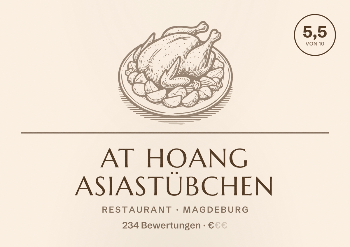 Illustriertes Poster von At Hoang Asiastübchen, Restaurant in Magdeburg: Bewertung 5,5 von 10 aus 234 Bewertungen, Preisniveau €