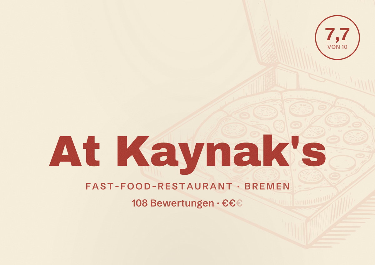Illustriertes Poster von At Kaynak's, Fast-Food-Restaurant in Bremen: Bewertung 7,7 von 10 aus 108 Bewertungen, Preisniveau €€
