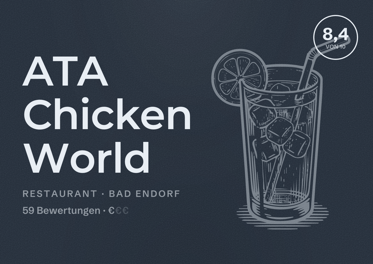Illustriertes Poster von ATA Chicken World, Restaurant in Bad Endorf: Bewertung 8,4 von 10 aus 59 Bewertungen, Preisniveau €